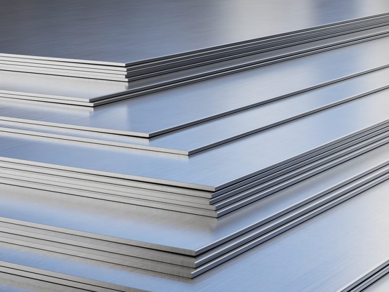 Steel sheets in warehouse, rolled metal product. 3d illustration.