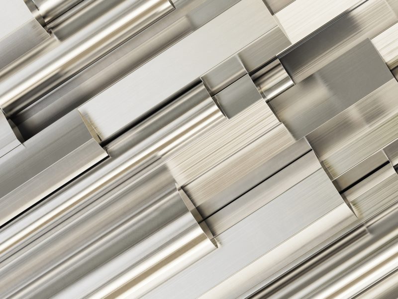 Steel rolled metal products. Stack of round, square, hexagonal steel rods. 3d illustration.